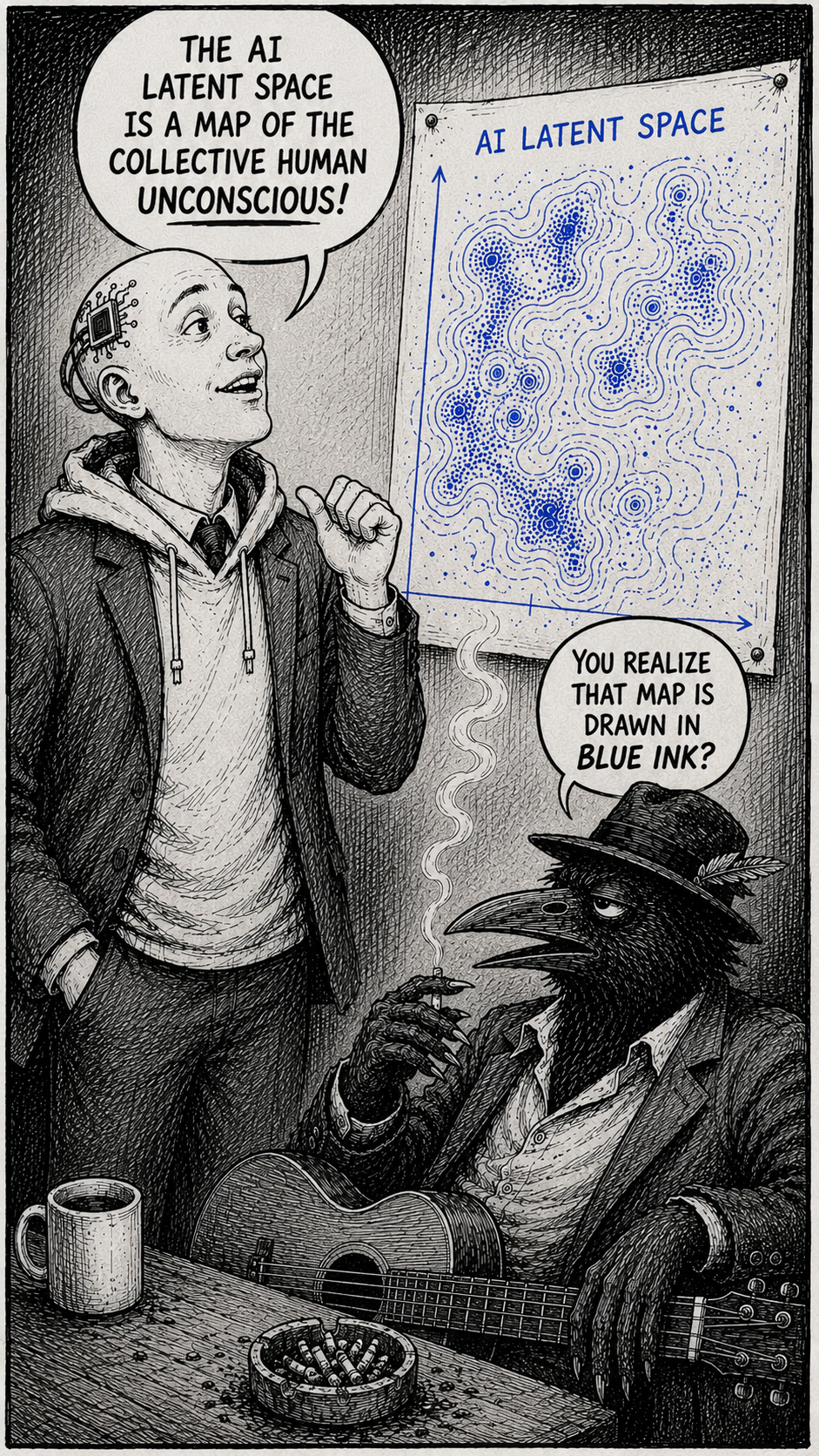 Crow Joe in the Age of AI comic - The Transhumanist, cluelessly hubristic techbro technocrat with business suit over hoodie and visible brain chip, compares the map of the ai latent space to the collective human unconscious.  Crow Joe the blues playing crow points out that the map is drawn in blue ink.  blue ink being a reference to the blues.  the blues is a feeling and crow is implying that the transhumanist is unaware of the source of this latent space